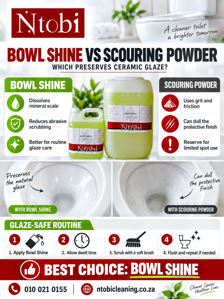 Bowl Shine vs scouring powder infographic comparing ceramic glaze preservation