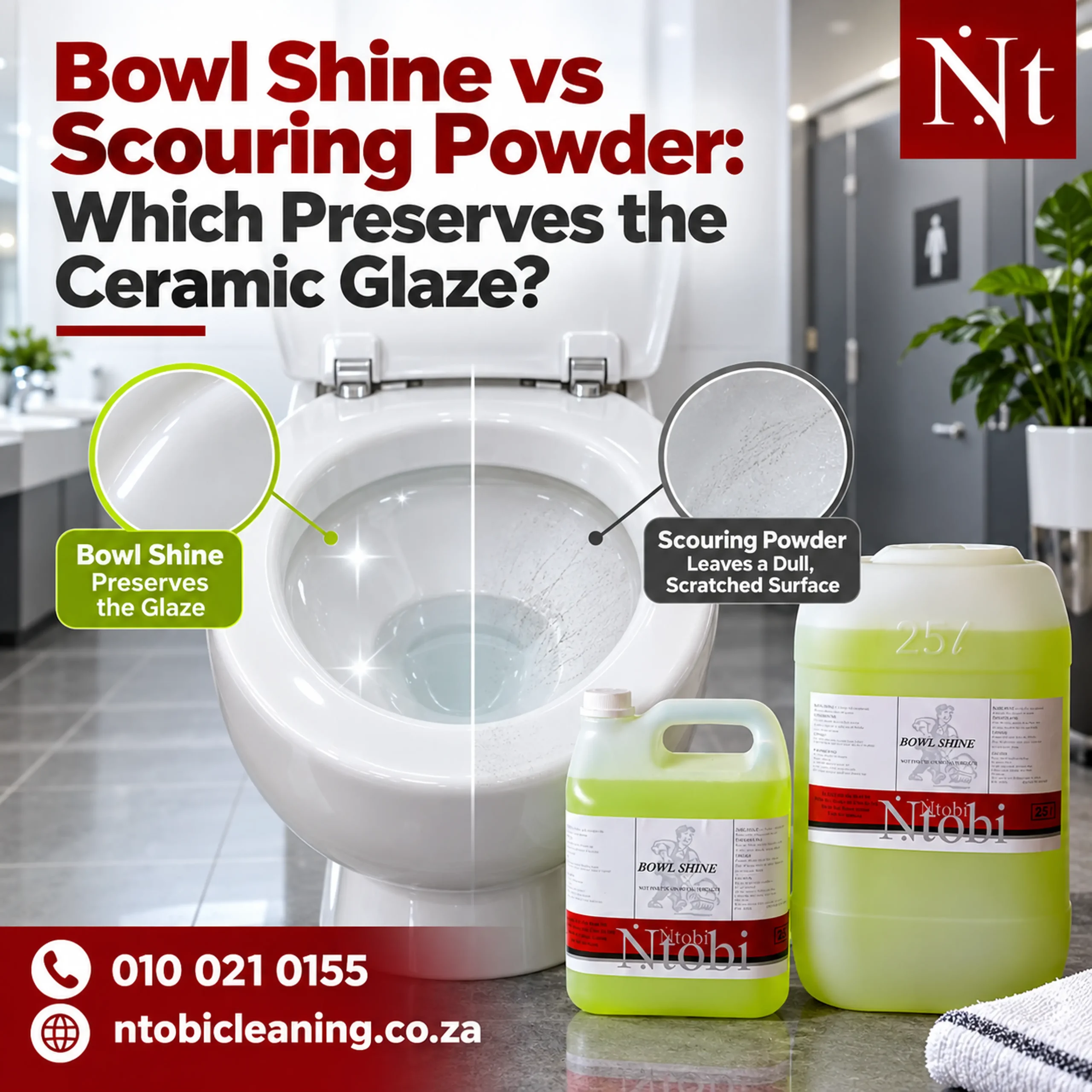 Bowl Shine vs scouring powder comparison showing which preserves ceramic glaze