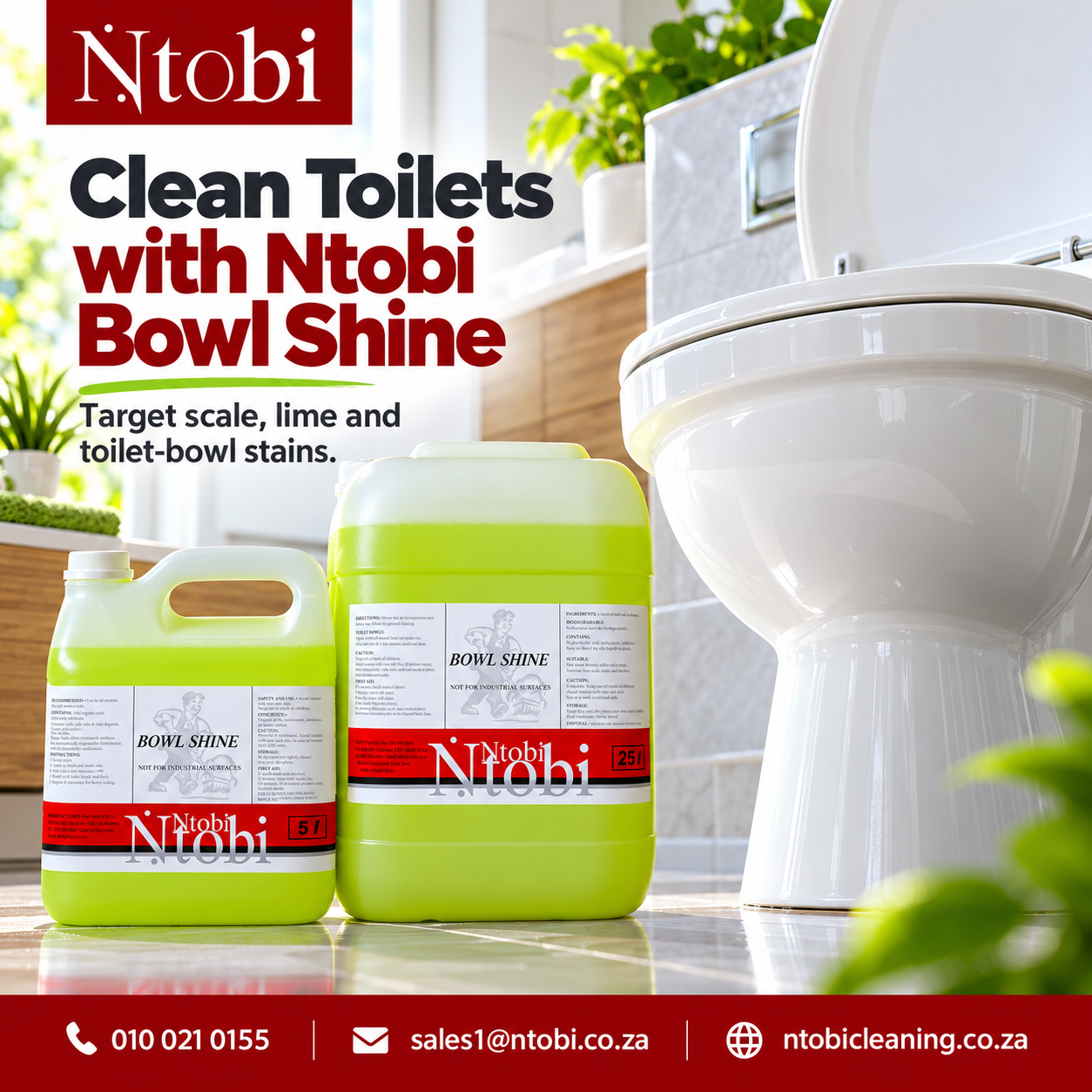Ntobi Bowl Shine 5-litre and 25-litre containers beside a clean ceramic toilet