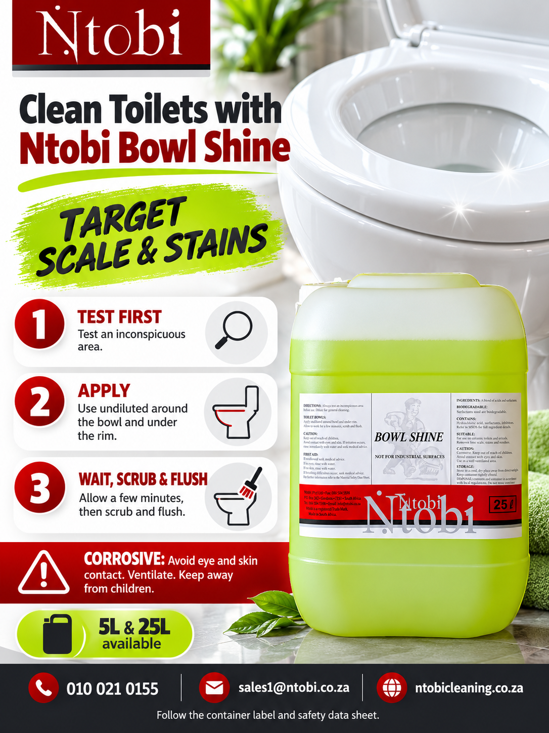 Ntobi Bowl Shine cleaning steps and corrosive handling precautions