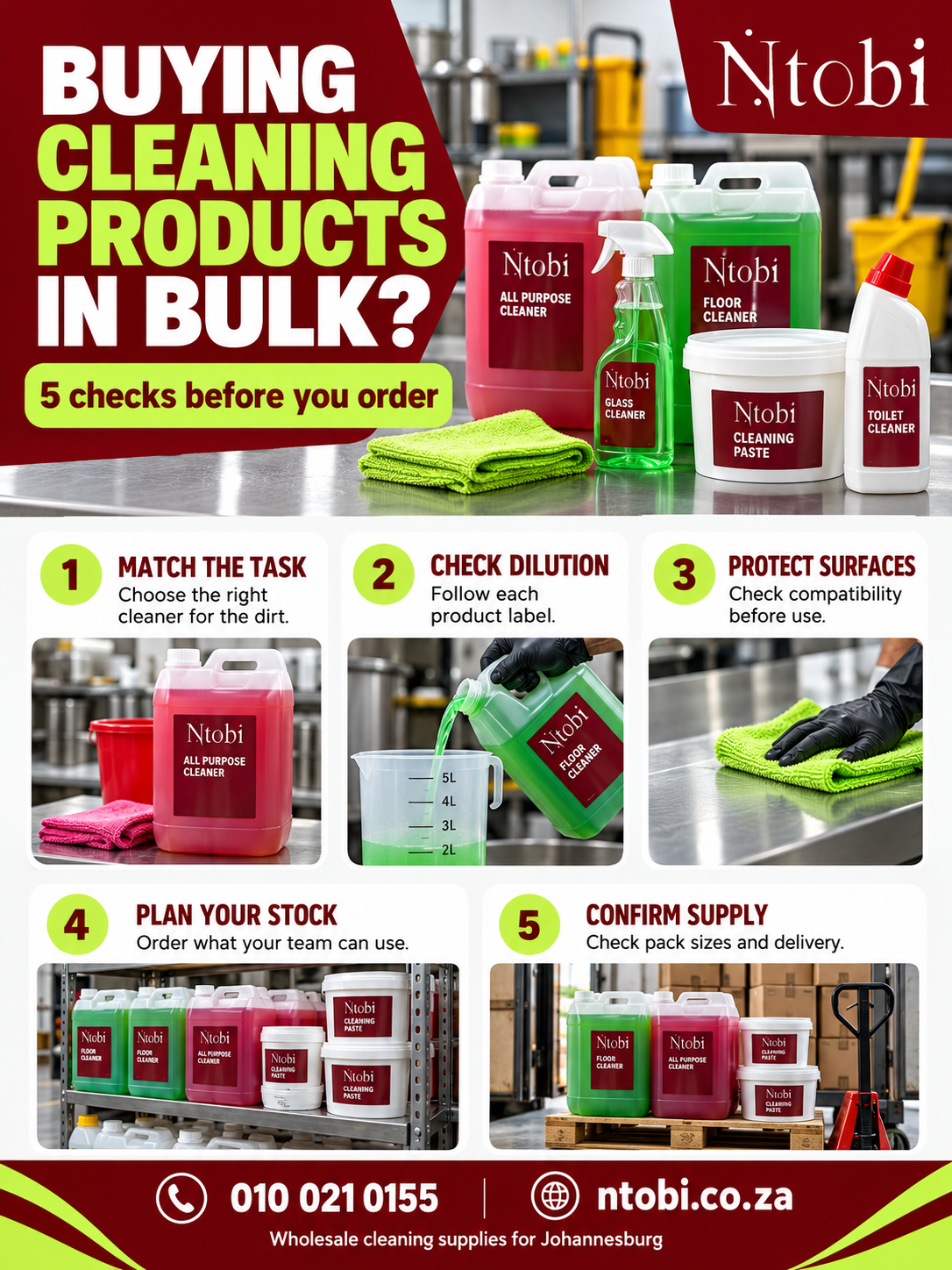 Five checks before ordering bulk cleaning products: task, dilution, surface care, stock and supply